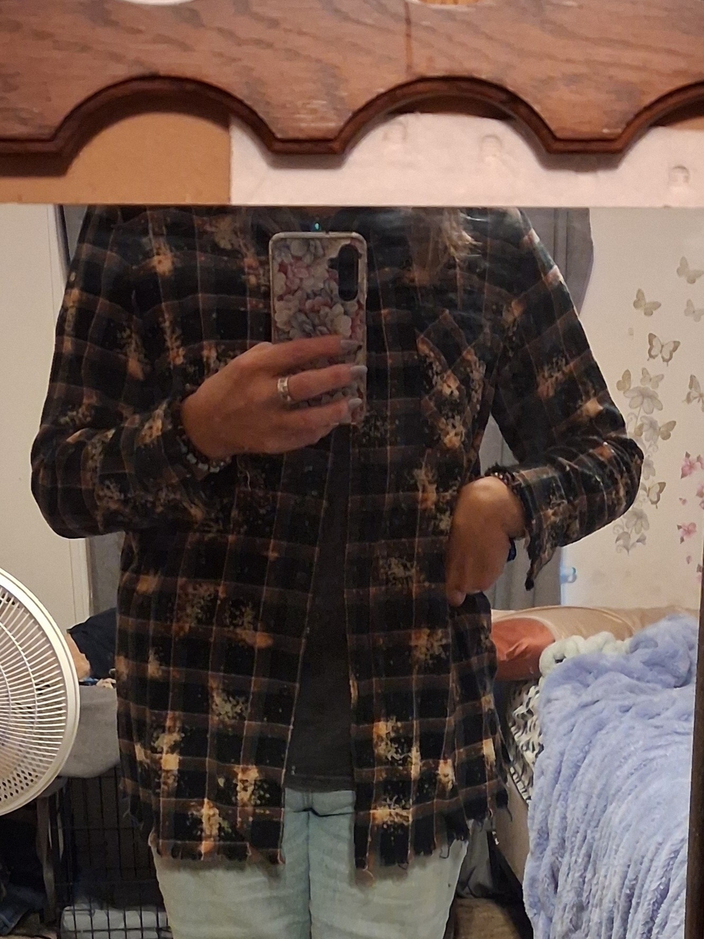 One24 Rags Black & Tan Plaid Bleached Button-Up Shirt Distressed